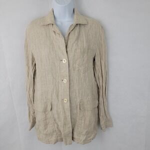 HERMAN GEIST Womens Blouse Sz 4 Linen BEIGE Capsule Minimal Beach Button STAINS
